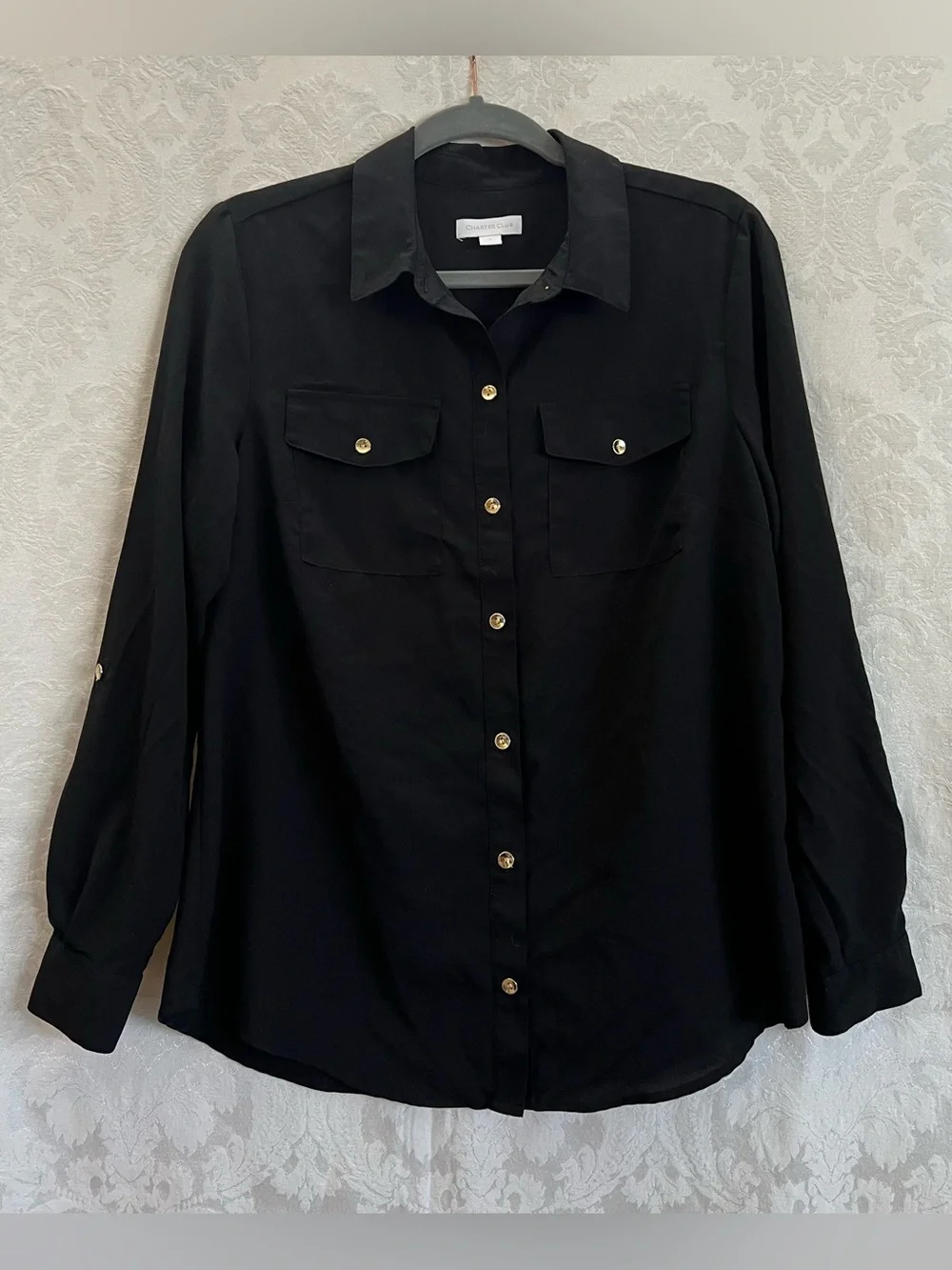 Charter Club Women’s Black Button Up Blouse Size Small GUC Roll Tab Sleeves